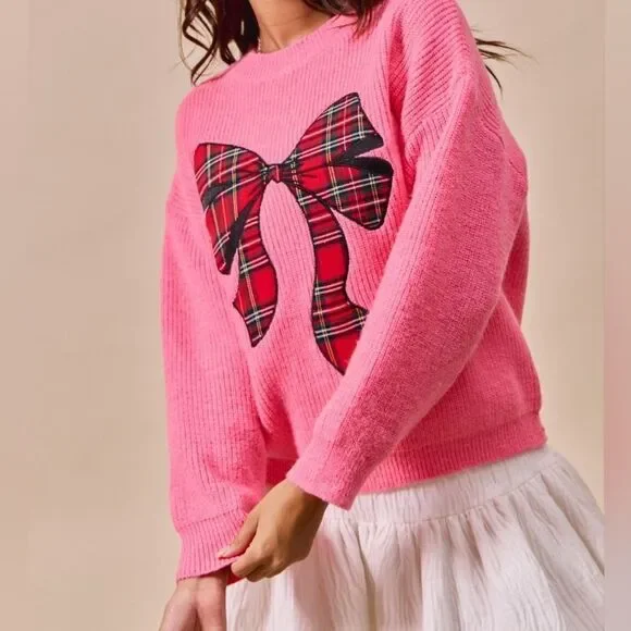 SO ME Women's Pink Plaid Bow Appliqué Sweater Medium | Oversized Holiday Knit Pu - Picture 3 of 9